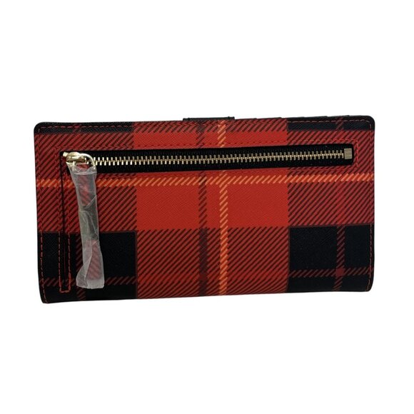 NWT Kate Spade New York Stacy Wallet Plaidred Print Red Black Leather Card Slots - Picture 2 of 5